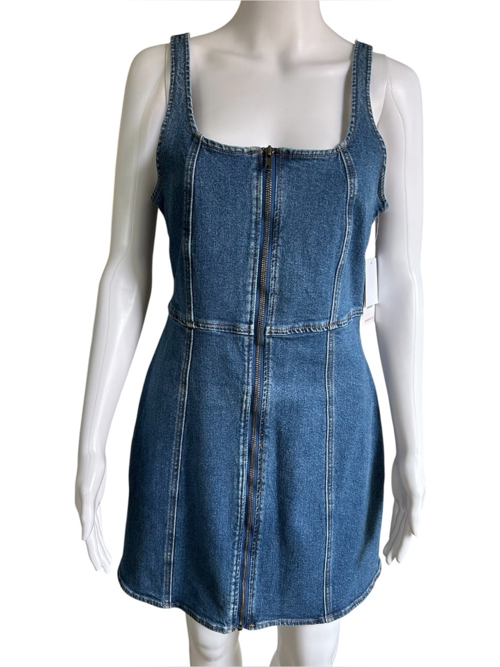 ▶️ ShoeDazzle Denim Mini Dress Womens L NWT Front Zip Square Neck Stretch